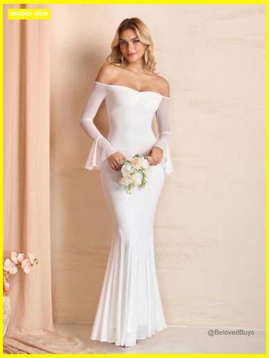 Off Shoulder Bodycon Maxi Dress Sheer Long Sleeve Mermaid Formal Wedding Guest - Picture 4 of 7